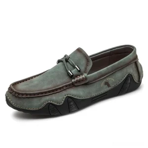 Gothic dark green handmade loafers slip-on moccasins for men with contrasting stitching detail