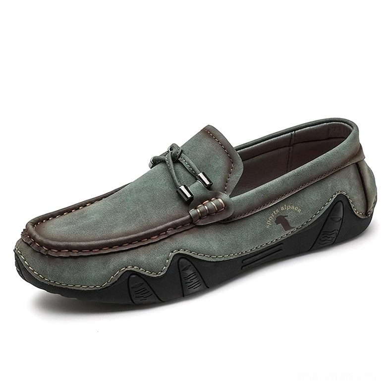Gothic dark green handmade loafers slip-on moccasins for men with contrasting stitching detail