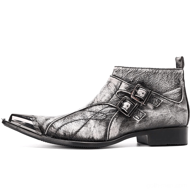 Single grey leather gothic boot with metal pointed toe and dual buckle straps, full side profile