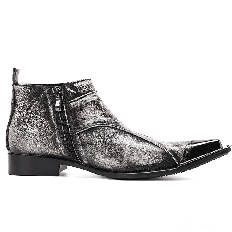 Single men's grey gothic leather ankle boot with side zipper and metal pointed toe, side profile