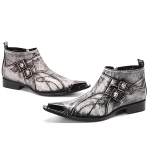 Men's grey leather gothic ankle boots featuring double buckles and metal toe cap, flat side profile