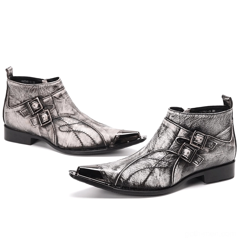 Men's grey leather gothic ankle boots featuring double buckles and metal toe cap, flat side profile