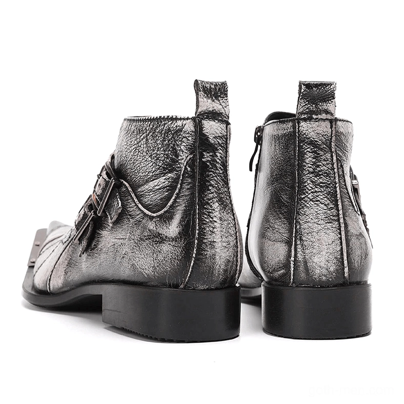 Pair of grey leather gothic ankle boots rear and side view showing heel pull tabs and distressed leather