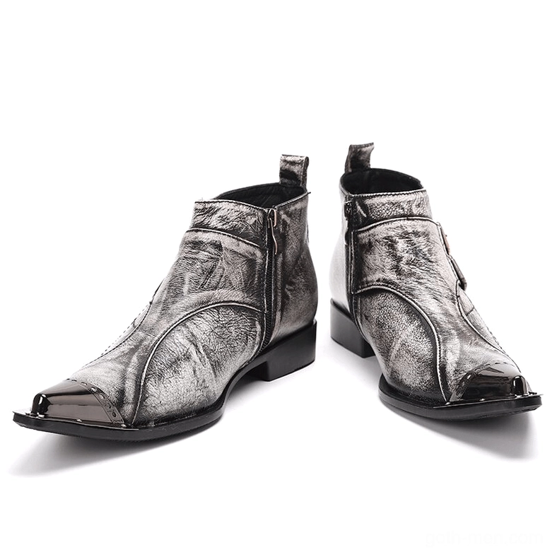 Men's grey gothic leather boots with side zipper closure and metal pointed toe, mixed angle view