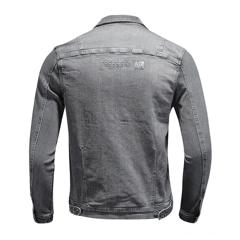 Back view of gothic grey denim jacket showing embroidered details and adjustable waist buttons