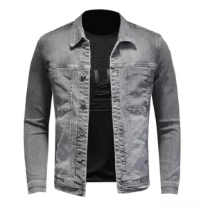 Gothic grey slim-fit denim jacket with single-breasted button closure and turndown collar - front flat view