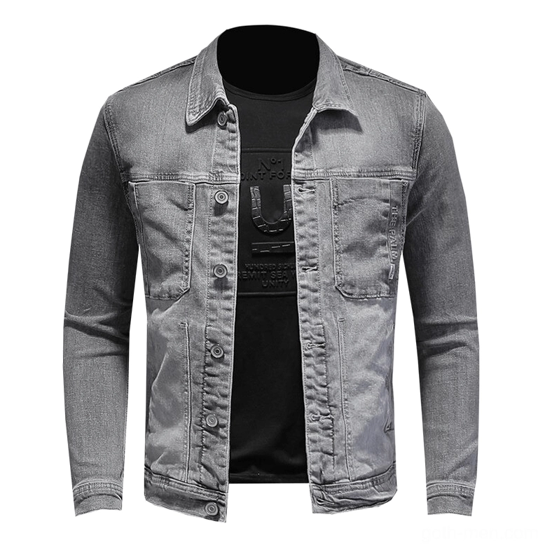Gothic grey slim-fit denim jacket with single-breasted button closure and turndown collar - front flat view