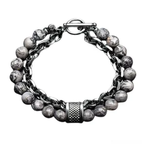 Grey striped natural stone beaded gothic bracelet with textured metal barrel charm - unisex stainless steel