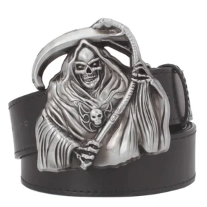 Black gothic grim reaper buckle men's leather belt, front view with detailed skull death motif