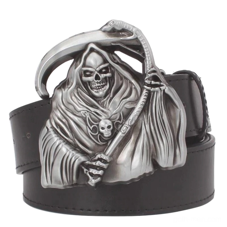 Black gothic grim reaper buckle men's leather belt, front view with detailed skull death motif