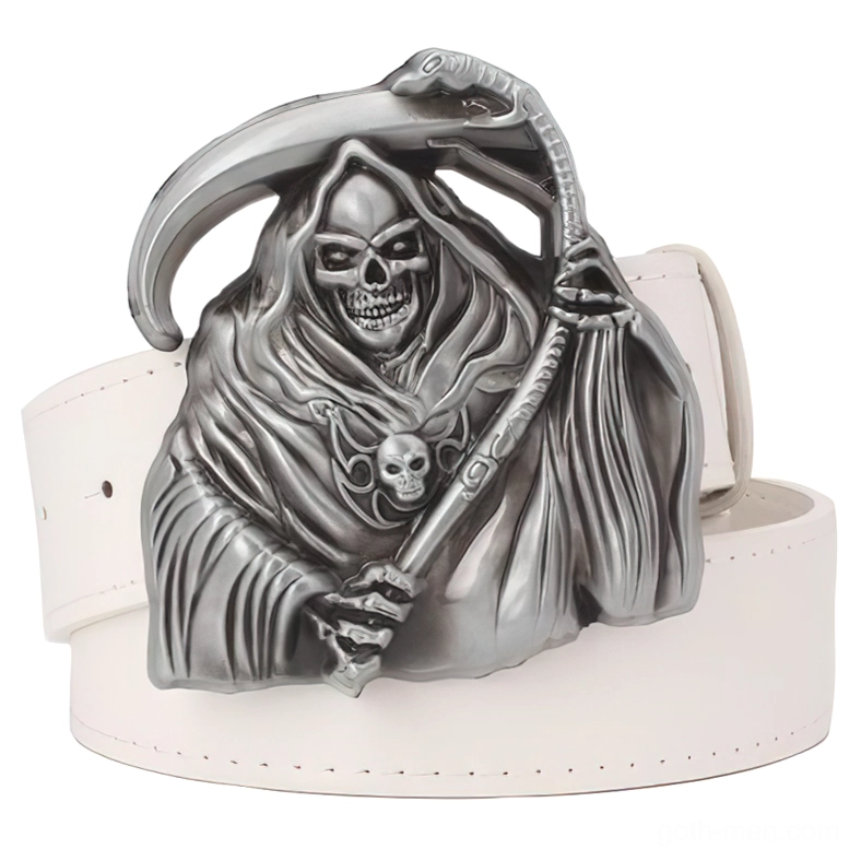 White PU leather gothic belt with grim reaper metal buckle, alternative fashion accessory