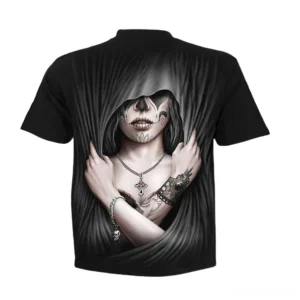 Black gothic t-shirt back view featuring hooded grim reaper sugar skull 3D print, dark aesthetic apparel
