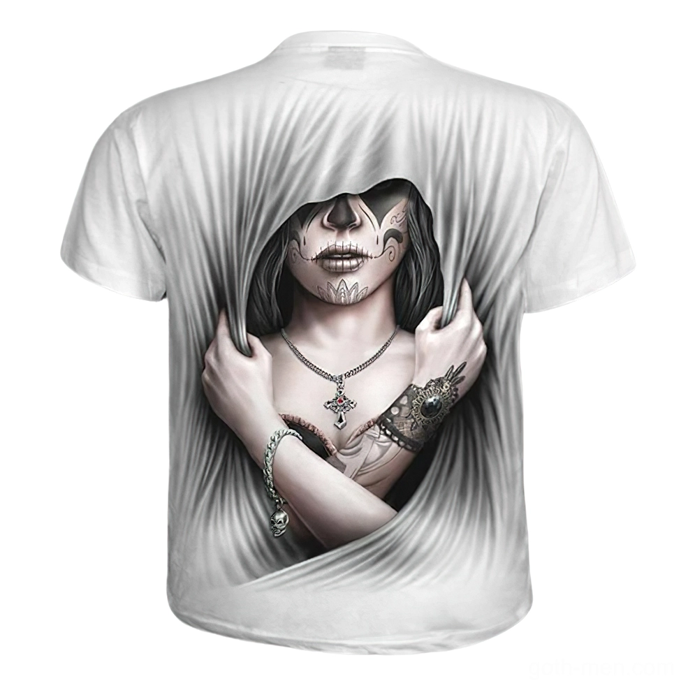 White gothic t-shirt back view with hooded grim reaper sugar skull 3D design, alternative style