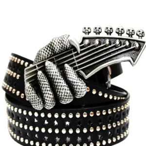 Black gothic eagle claw guitar buckle belt with studs and star cutouts, displayed on white background