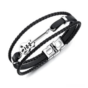 Black multilayer leather bracelet with bass guitar charm and stainless steel toggle clasp – gothic style men's bracelet