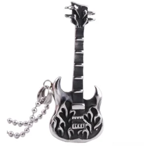 gothic guitar pendant necklace dual chain design antique silver tone vintage punk style