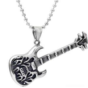 gothic flame guitar pendant necklace silver stainless steel front view with link chain