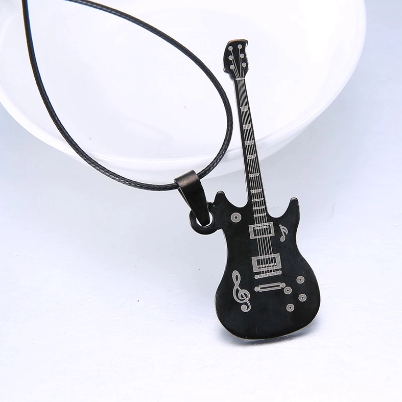 Gothic rock style electric guitar pendant necklace lifestyle shot with dark aesthetic