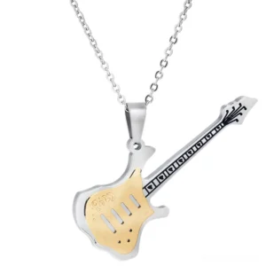 Silver and gold electric guitar pendant necklace with engraved fretboard details, front view on white background