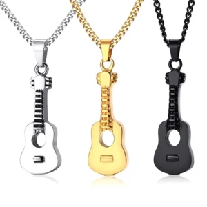 Gothic guitar pendant urn necklace in three colors - black matte, silver polished, and gold - complete set with 60cm stainless steel chain