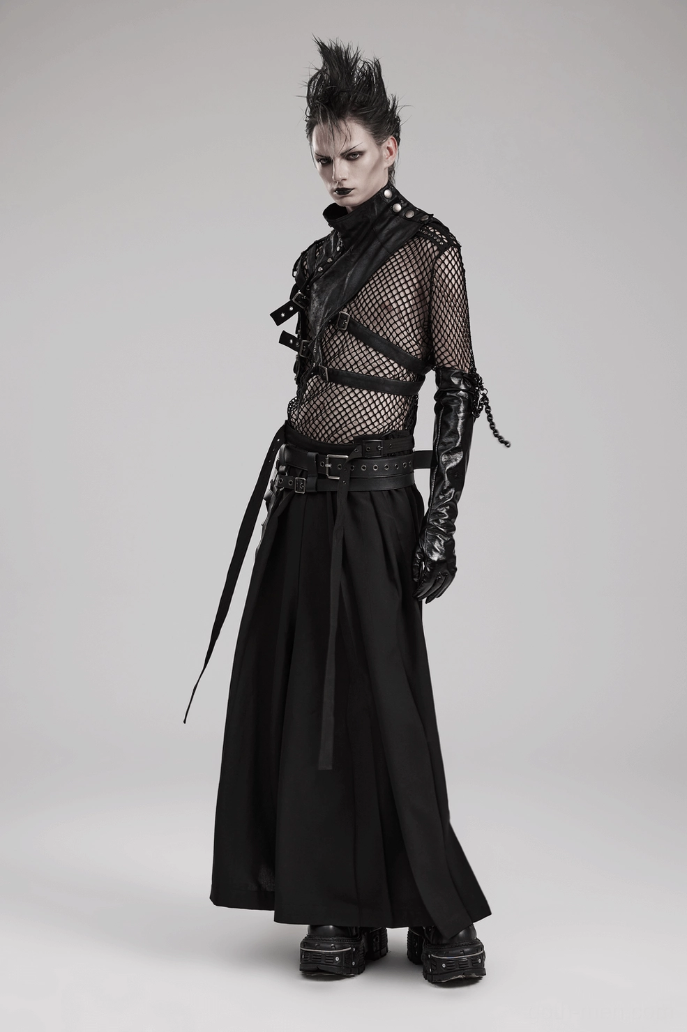 Black gothic hakama pants fitted waist area with adjustable leather buckle system and metal button hardware