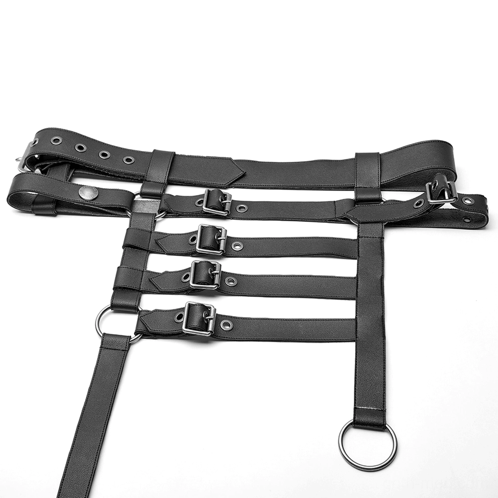 Black matte leather waist belt accessory for gothic hakama pants with multiple square buckles and metal d-ring hardware, flat lay