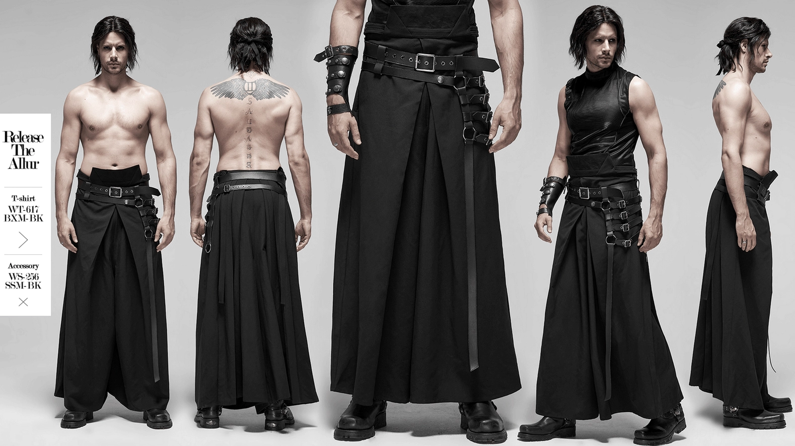 Black gothic hakama pants styling view on mannequin showing complete outfit proportions and silhouette presence
