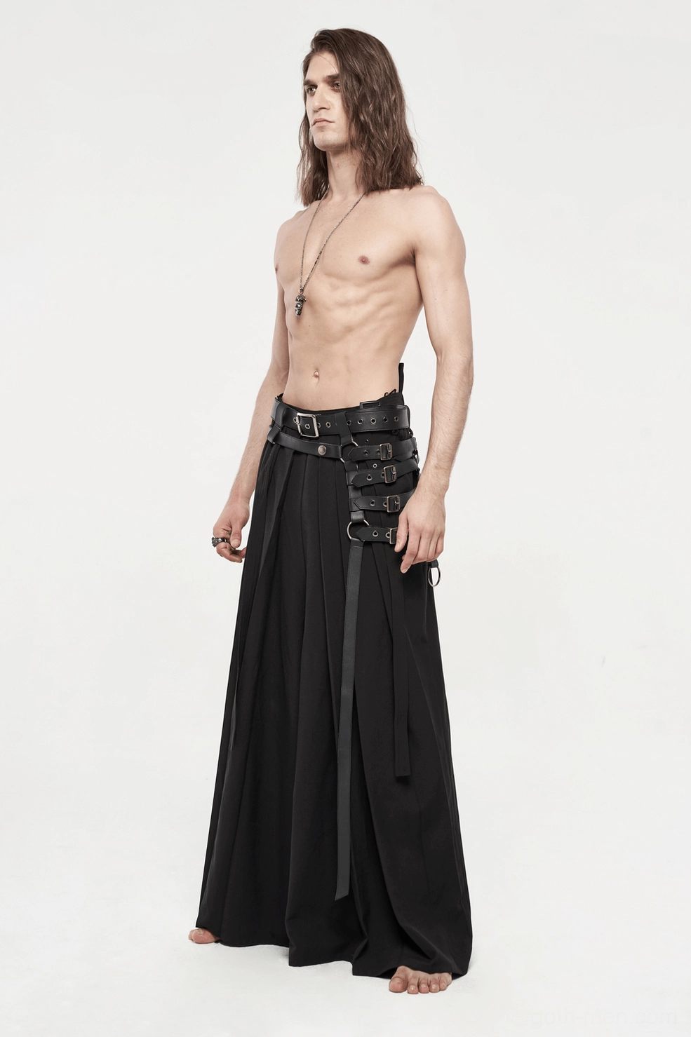 Black gothic hakama pants full silhouette showing architectural wide-leg pleated design and overall proportions