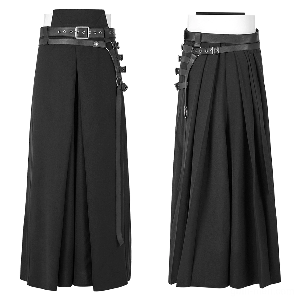 Black gothic hakama pants front-right angle on display mannequin showing multiple leather strap buckles and long side hanging belt
