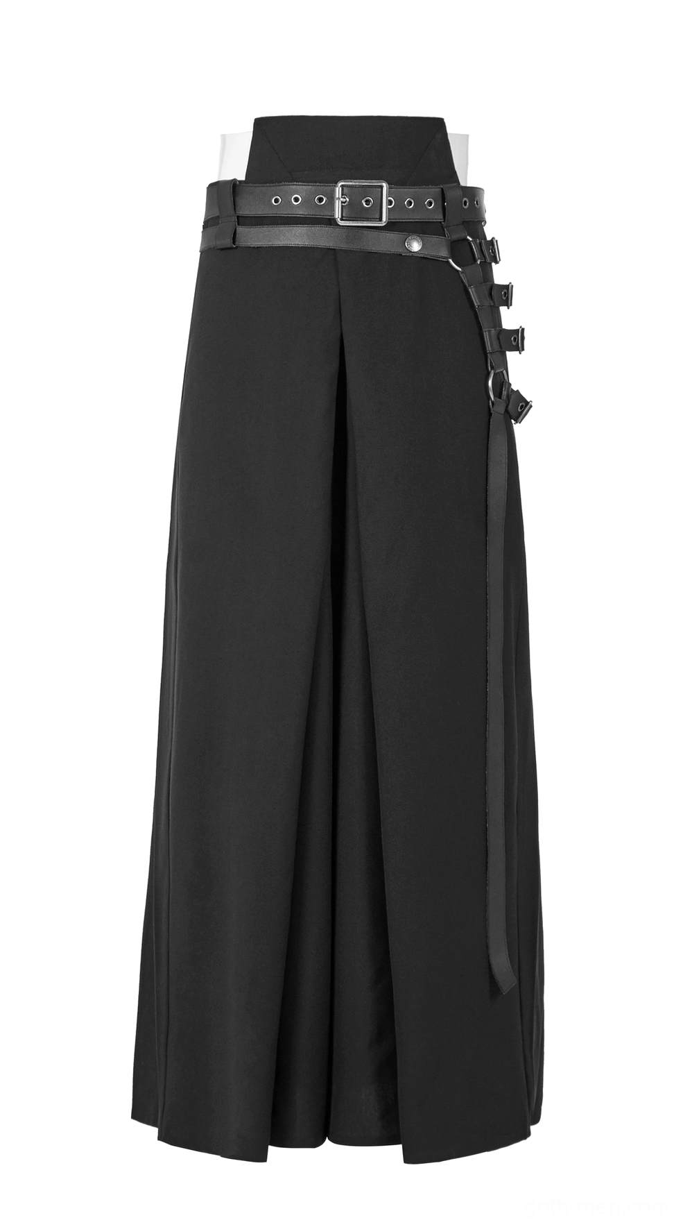 Black gothic hakama pants front-left view on mannequin displaying pleated front panels and square buckle waist belt