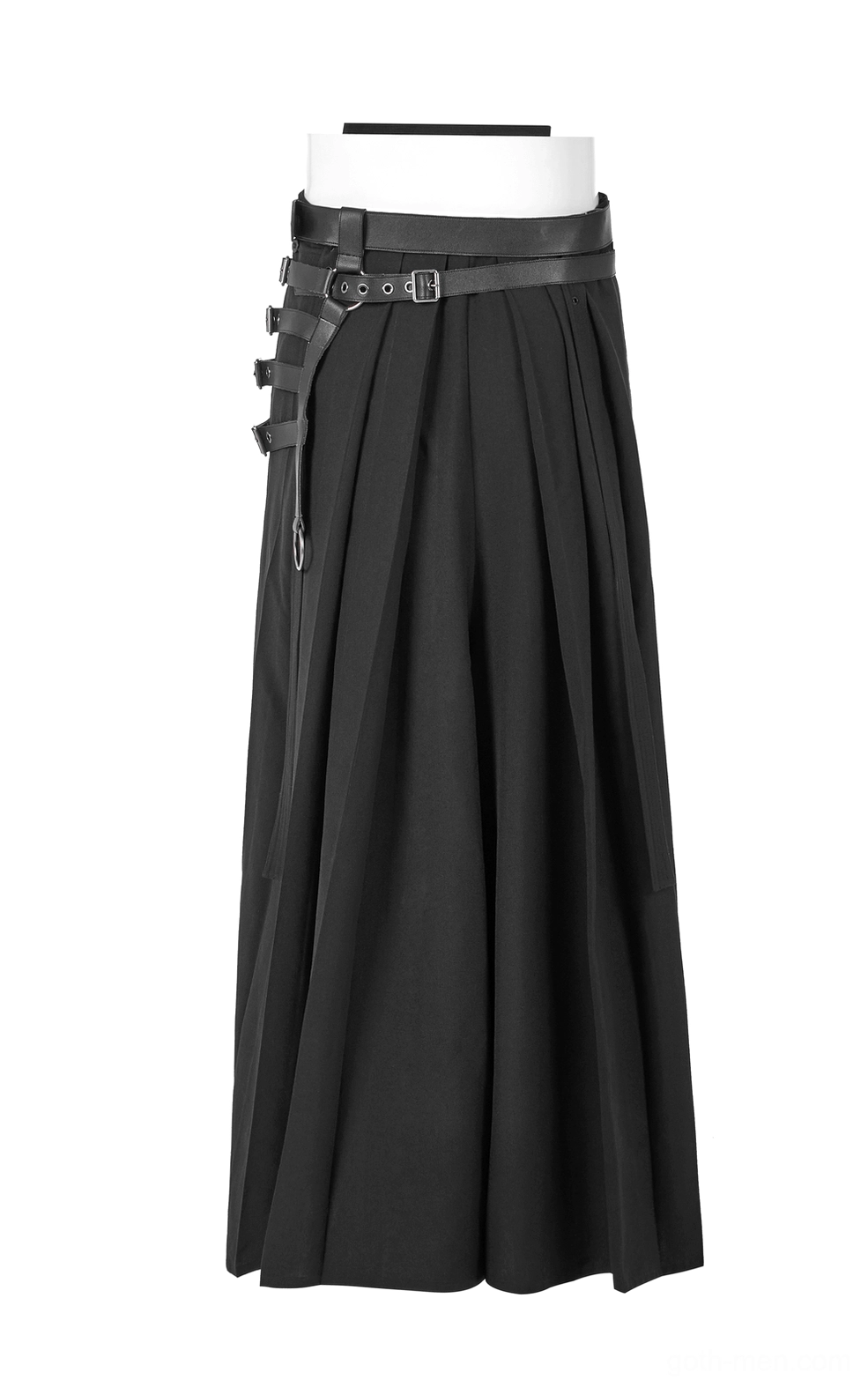 Black gothic hakama pants right side view on mannequin with single waist belt, side hanging strap, and flowing pleated legs