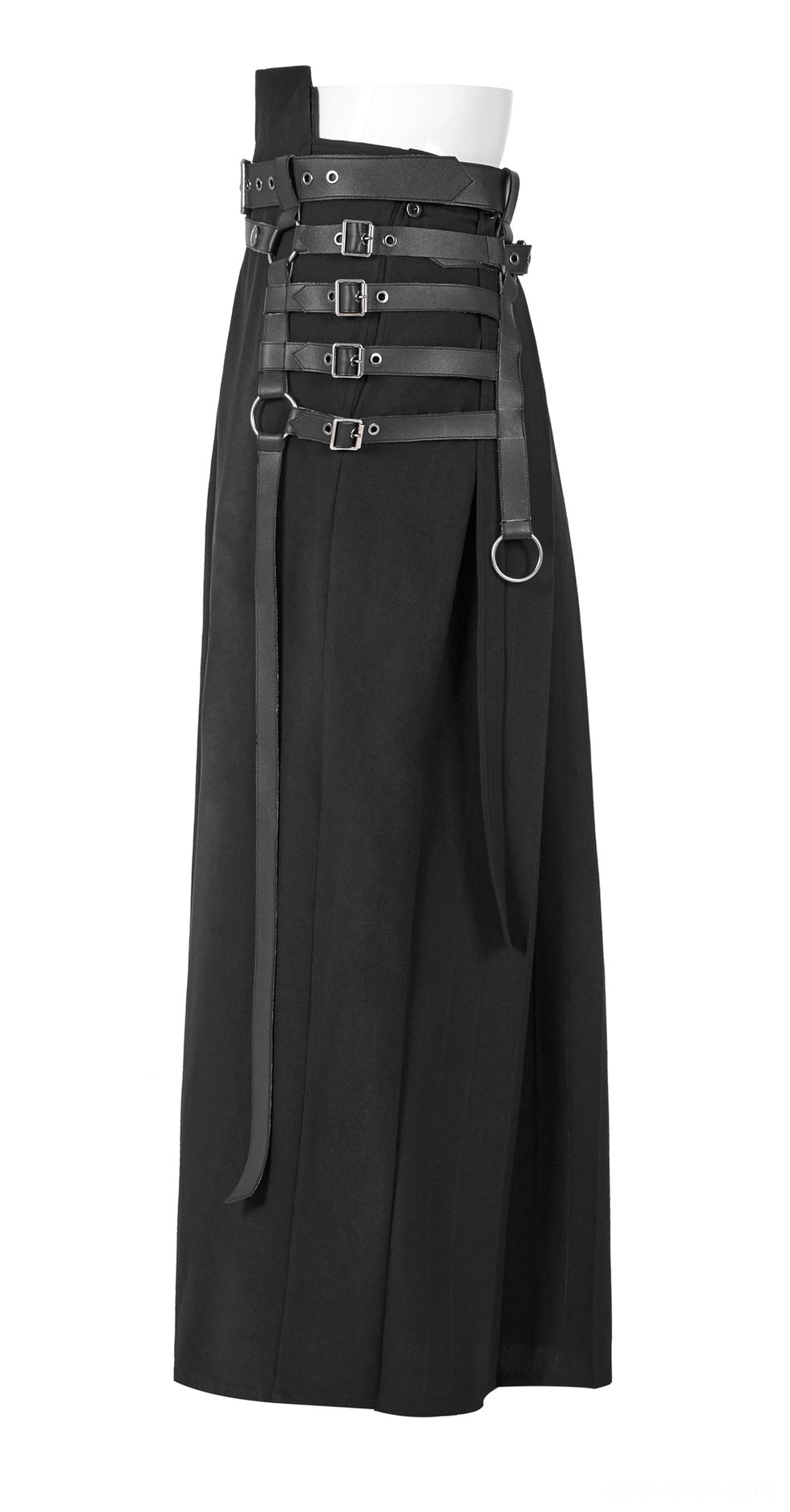 Black gothic hakama pants left side profile showing layered leather buckles, metal d-ring accents, and wide pleated leg drape