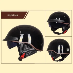 Vintage black motorcycle helmet multi-angle product showcase with quick-release safety buckle detail