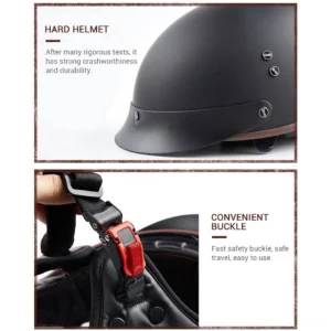 Half-face helmet rear side profile displaying DOT certification, brown edge detailing, and metal fasteners - motorcycle safety gear construction