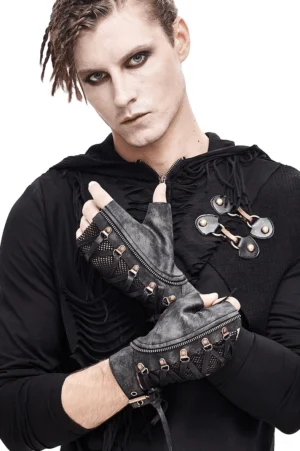 Black gothic lace-up mesh half-finger gloves front view on male model