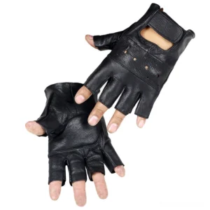 Black gothic half-finger sheep leather gloves with perforated ventilation holes and adjustable velcro wrist fastener, front and side view on hands
