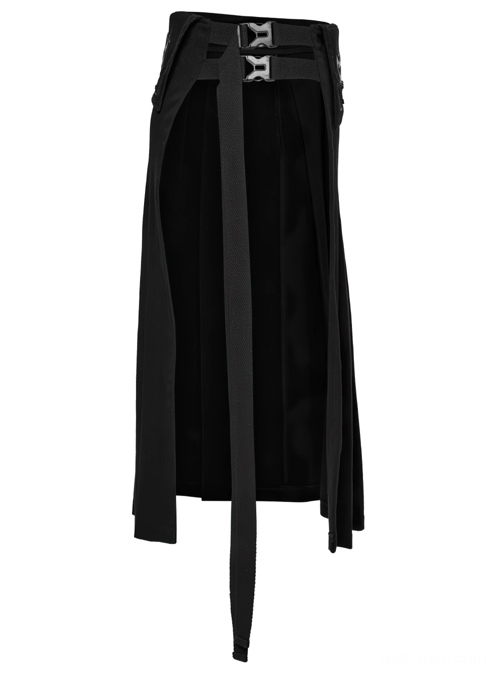 Black gothic half skirt interior view showing adjustable plastic quick-release buckles and webbing straps