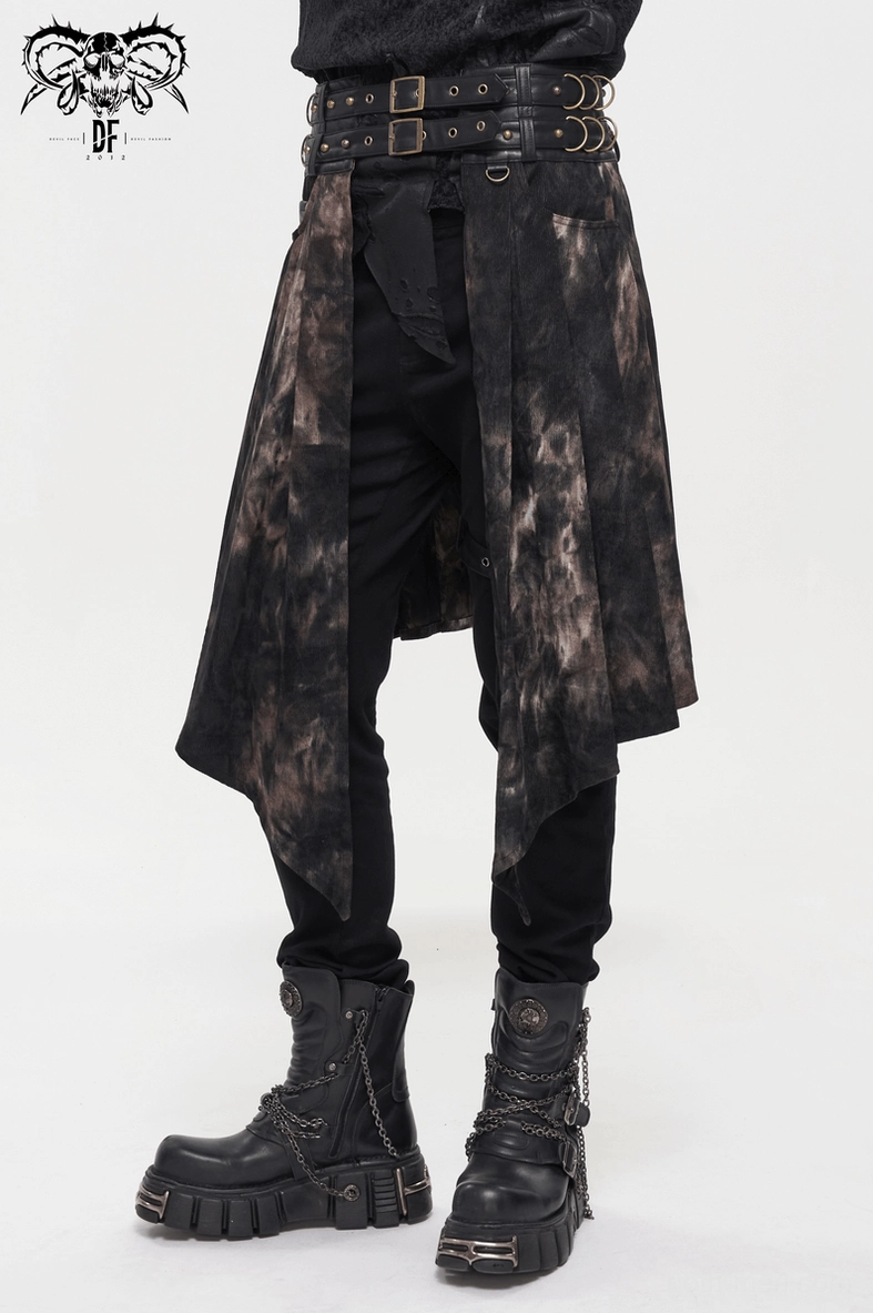 Gothic men's half skirt - detailed view of bronze chain placement and metal hardware construction