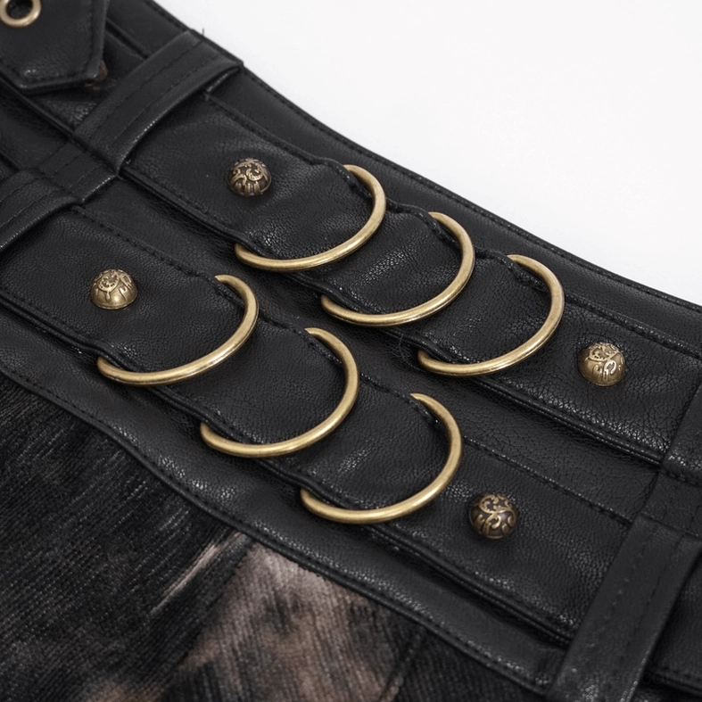 Waistband accessory detail of gothic half skirt - black faux leather with bronze D-rings and decorative rivets
