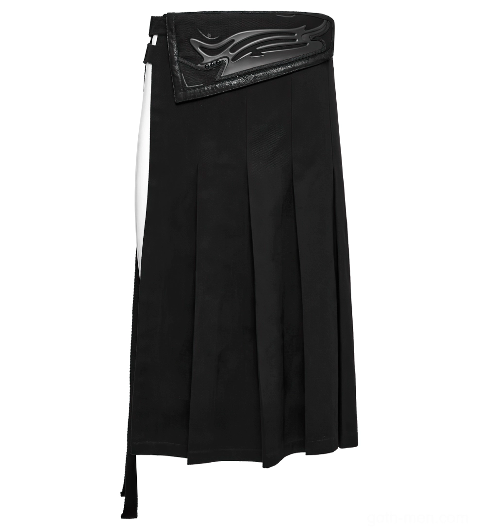 Black gothic pleated half skirt left side view with adjustable buckle and hanging strap details
