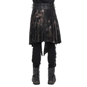 Pleated gothic men's half skirt with bronze chain and irregular hem worn with black pants and boots - styling inspiration