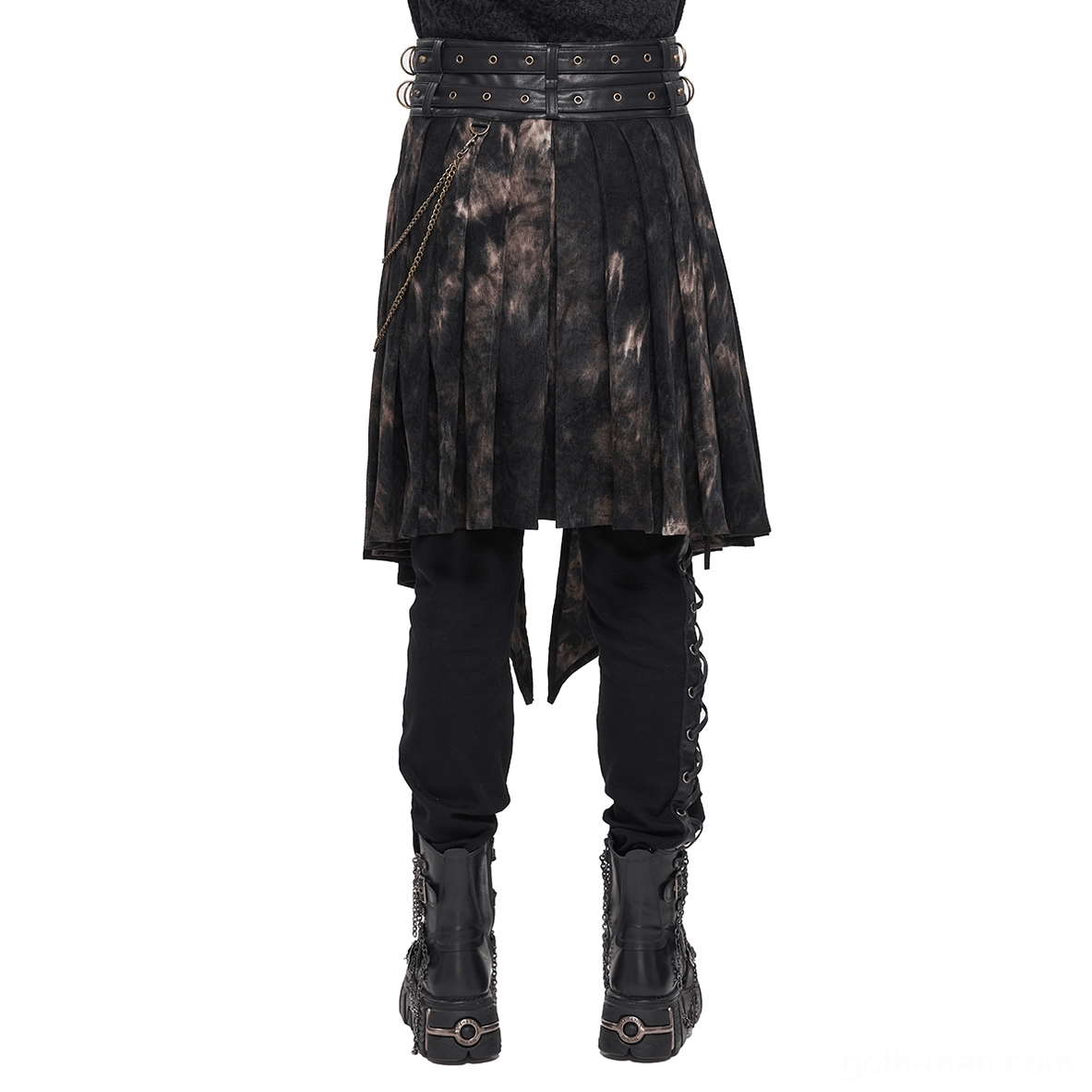 Pleated gothic men's half skirt with bronze chain and irregular hem worn with black pants and boots - styling inspiration