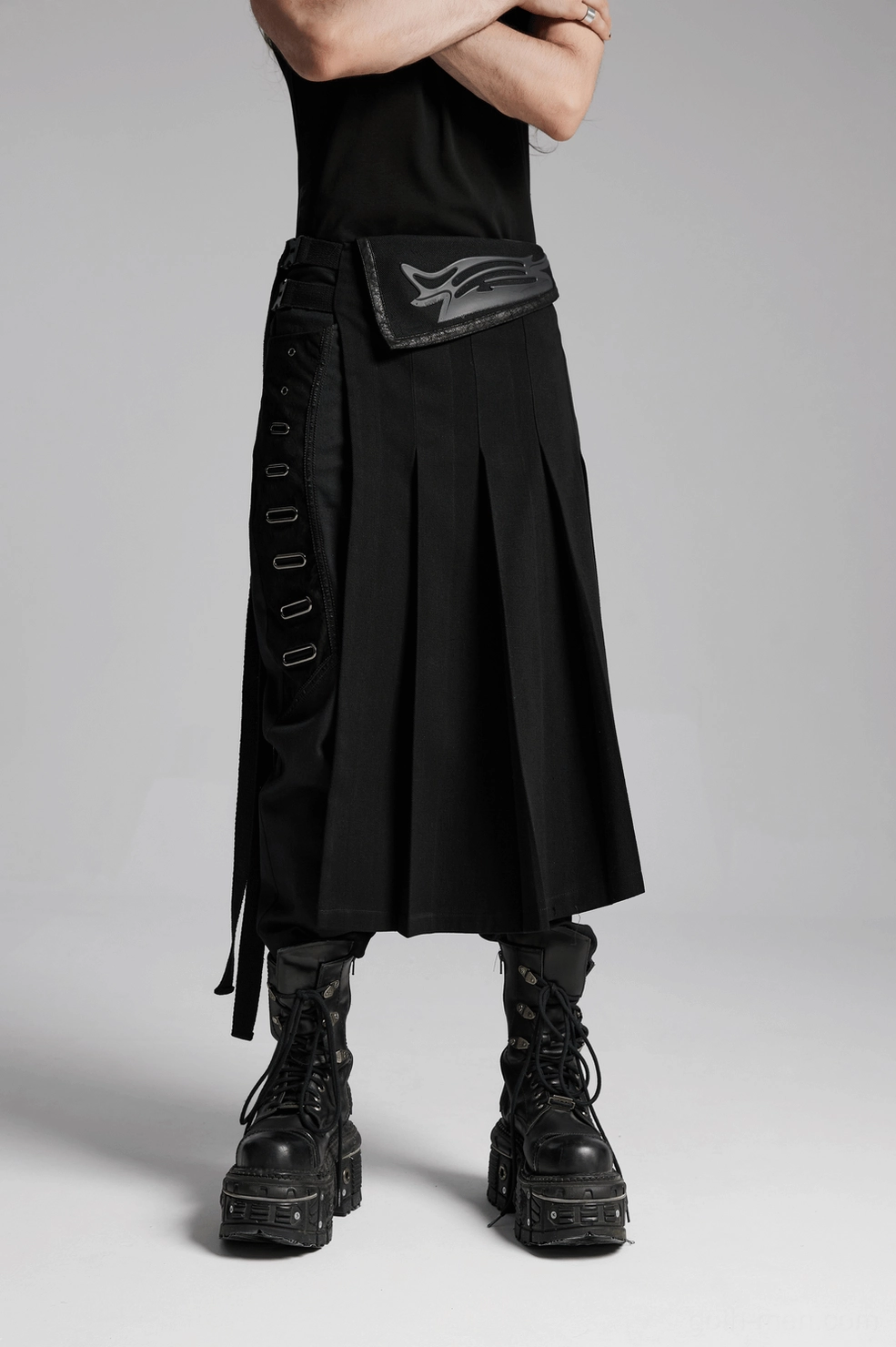 Black gothic half skirt hem detail showing pleated construction and fabric quality