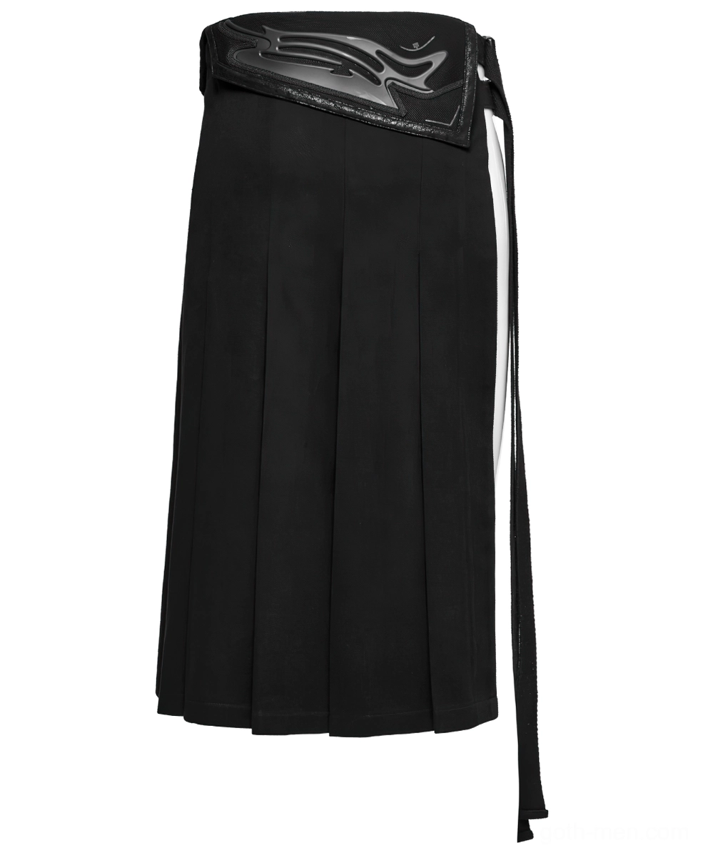 Black gothic pleated half skirt right side view with embossed waist pouch and hanging side strap