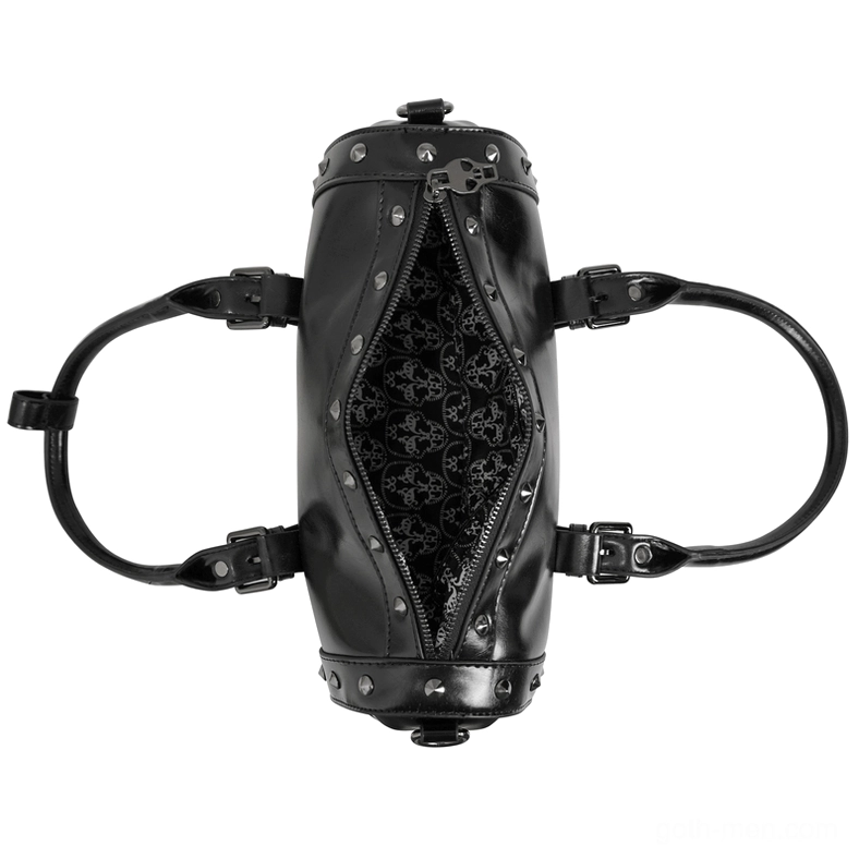 Open punk leather handbag showing interior patterned fabric lining, metal zipper closure, and shoulder strap attachment points