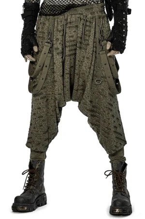 Olive green gothic harem pants with drop crotch worn by male model, front full-body view showing removable thigh straps and relaxed fit