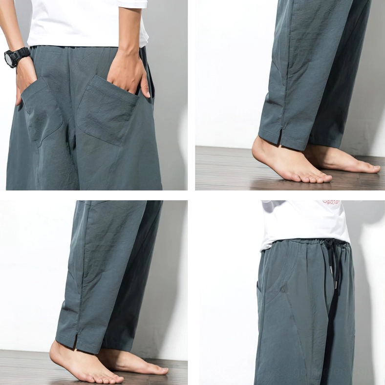 Size comparison of gothic linen harem pants in multiple sizes from XXS to XXL