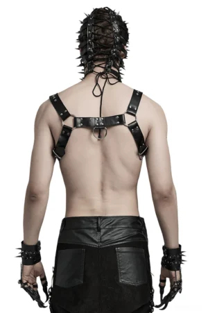 Back view of adjustable gothic leather harness showing rear strap system and metal hardware