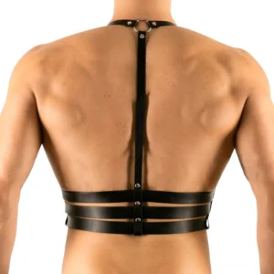 Back view of adjustable leather chest harness featuring neck O-ring design and riveted waist construction for men