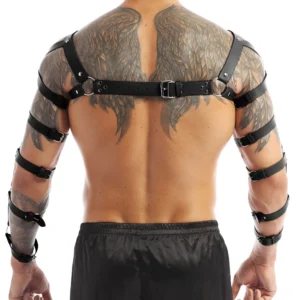 Gothic leather shoulder arm harness back view showing rear adjustable belt and wing tattoo model